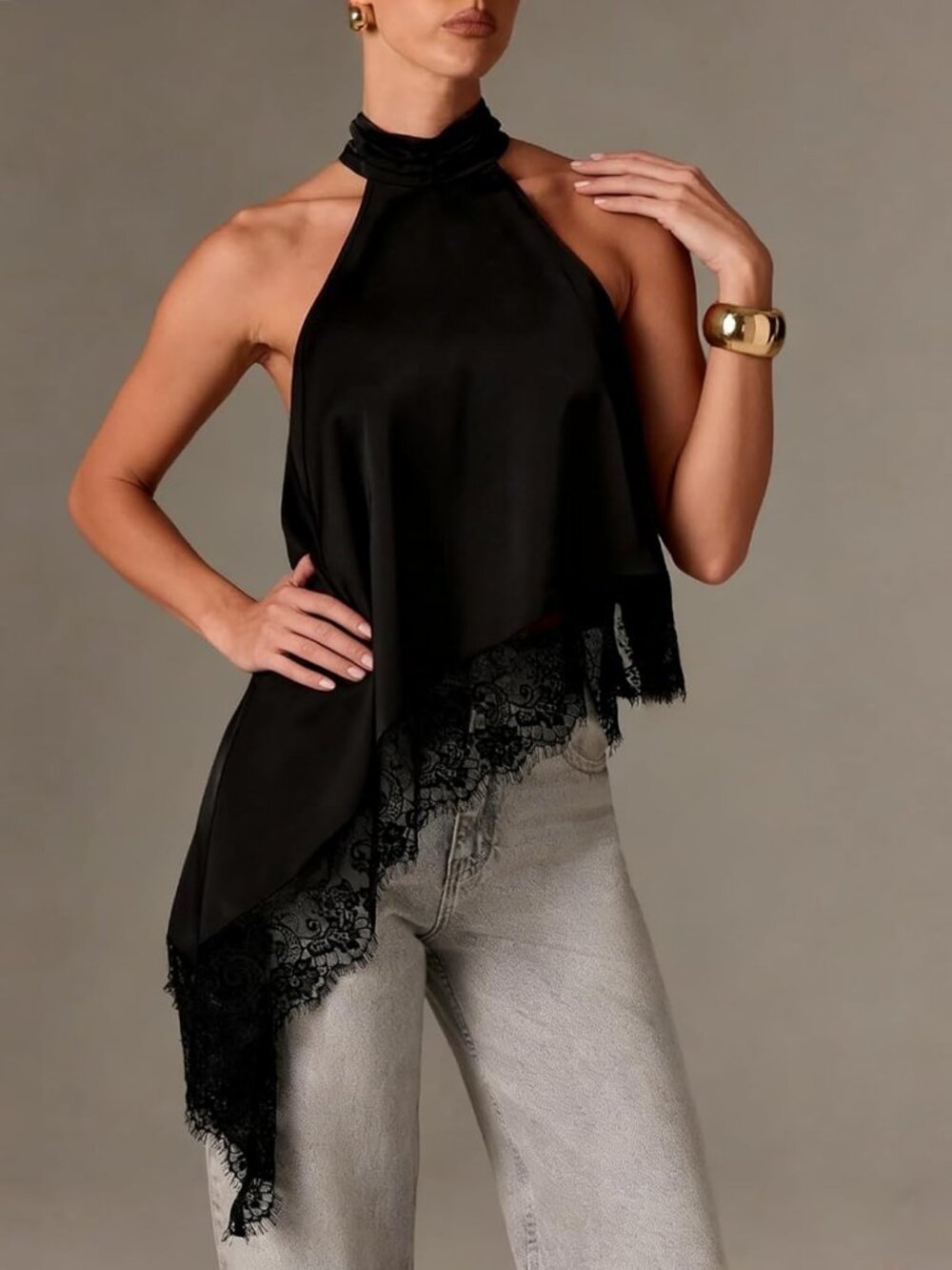 Women Satin Halter Top Y2K Mock Neck Lace Trim Asymmetrical Hem Tank Top Sleevel - Picture 2 of 4